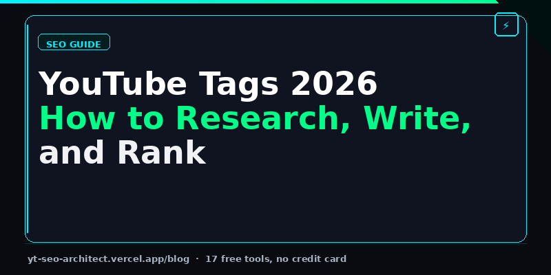 YouTube tags research guide showing tag input field with optimized tags highlighted